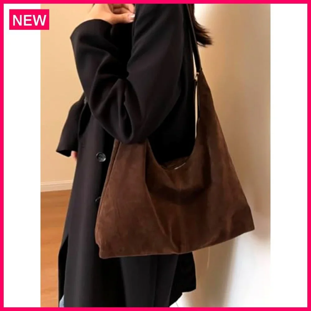Large Faux Suede Shoulder Tote Bag, Zipper Closure, Lightweight Travel Work - Picture 4 of 8
